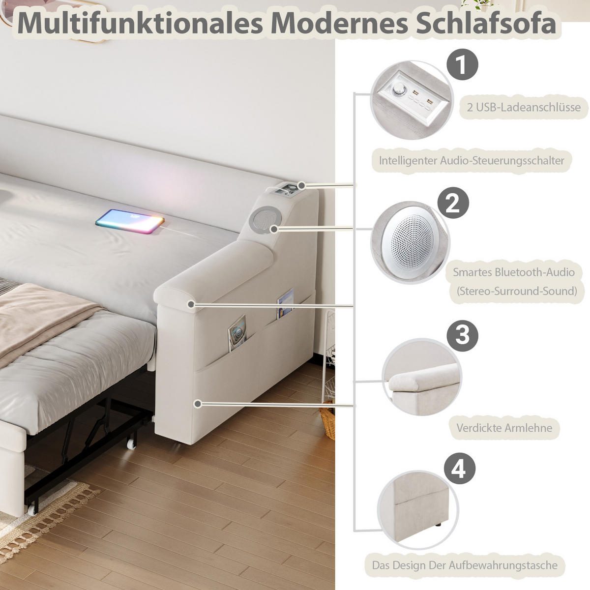 POLSTERBETT 90/180x190 Beige Samt USB - Beige, Textil (180/190cm) - FLIEKS