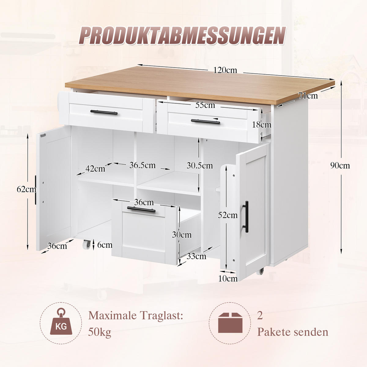 KÜCHENINSEL 120/71/90 cm Weiß aus Holzwerkstoff mit Rollen - Weiß, Holzwerkstoff (120/90/71cm) - OKWISH