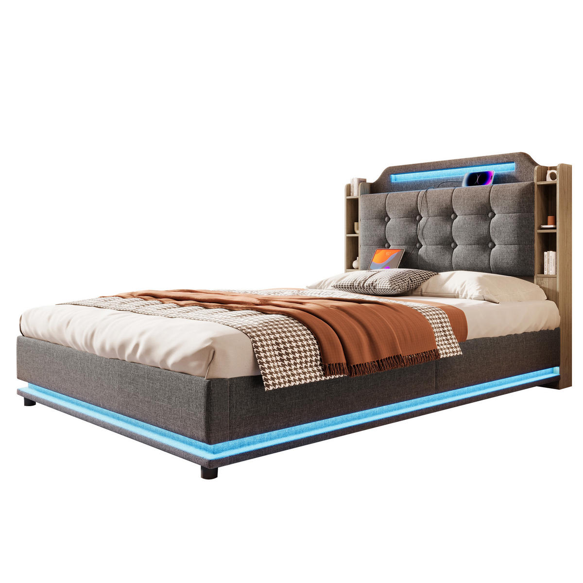 POLSTERBETT 140/200 cm grau mit LED-Beleuchtung und hydraulischem Stauraum - Grau, Textil (140/200cm) - OKWISH