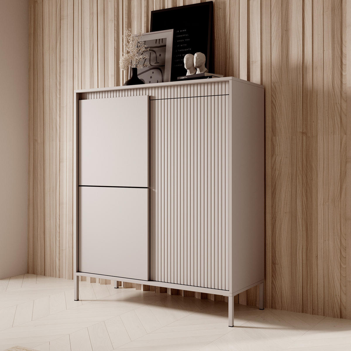 HIGHBOARD Ferrato A 104 cm Beige - mit 3 Türen, 5 Fachböden und Riffel-Optik - Beige, Holz/Holzwerkstoff (103/123/39cm) - Ravio