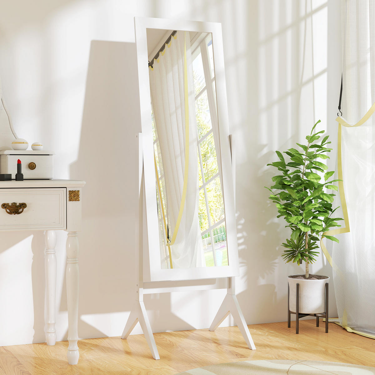 STANDSPIEGEL Erhöhte Füße Ganzkörperspiegel Schminkspiegel Pflegeleicht MDF - Weiß, Glas (46/148/47cm) - HOMCOM