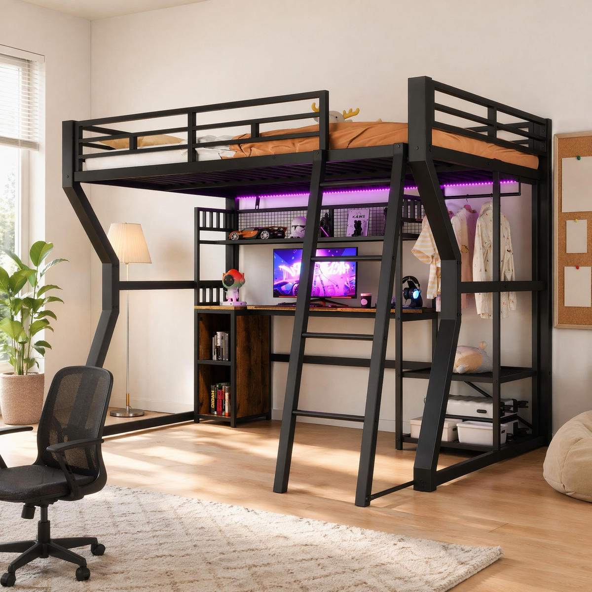 HOCHBETT 140/200 cm aus Metall mit Schreibtisch, Lichtleiste, Schwarz - Schwarz, Holzwerkstoff (140/200cm) - OKMYHOME