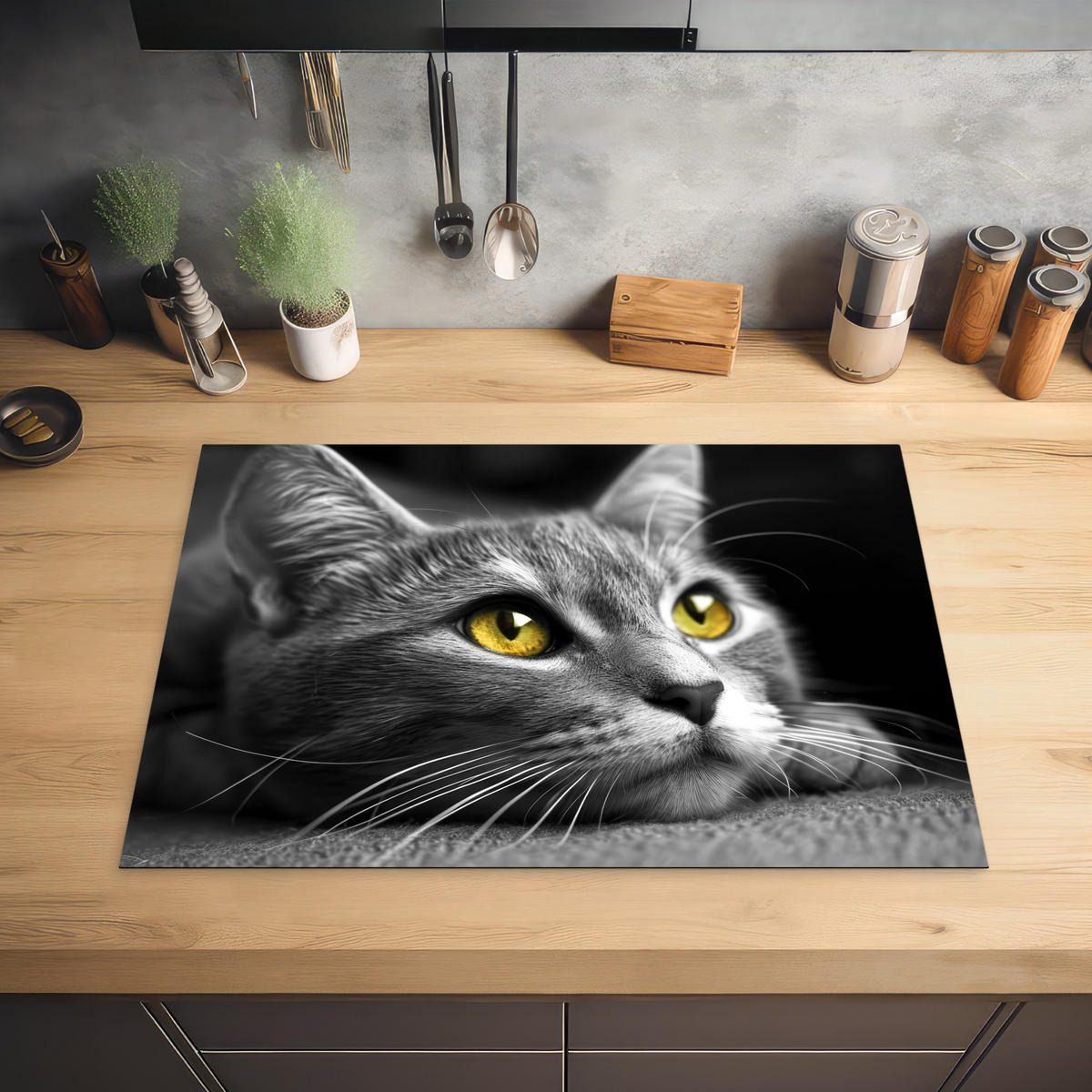 HERABDECKPLATTE - Katze - Grau - Tiere - Katze - 75x55 - Grau, Kunststoff (75/55/0.2cm) - MuchoWow