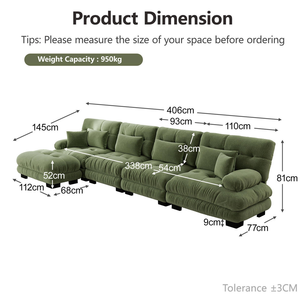 ECKSOFA 406/145/81 cm grün aus Chenille mit modularem Ottoman und Cloud-Komfort - Grün, Textil (145/406cm) - OKWISH
