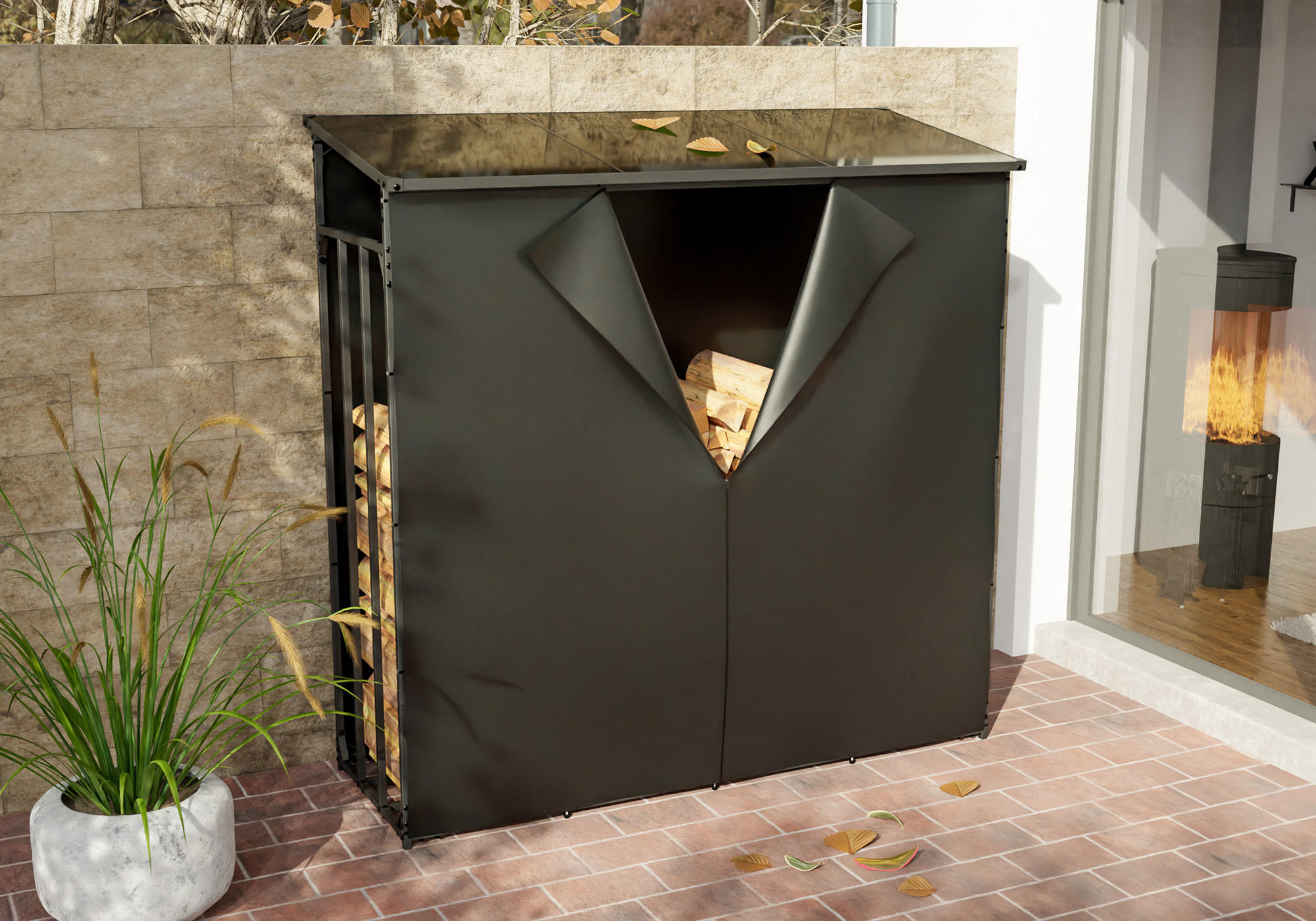 KAMINHOLZREGAL 185/70/185 cm Metall anthrazit - Anthrazit/Schwarz, Metall (185/185/70cm) - CLP