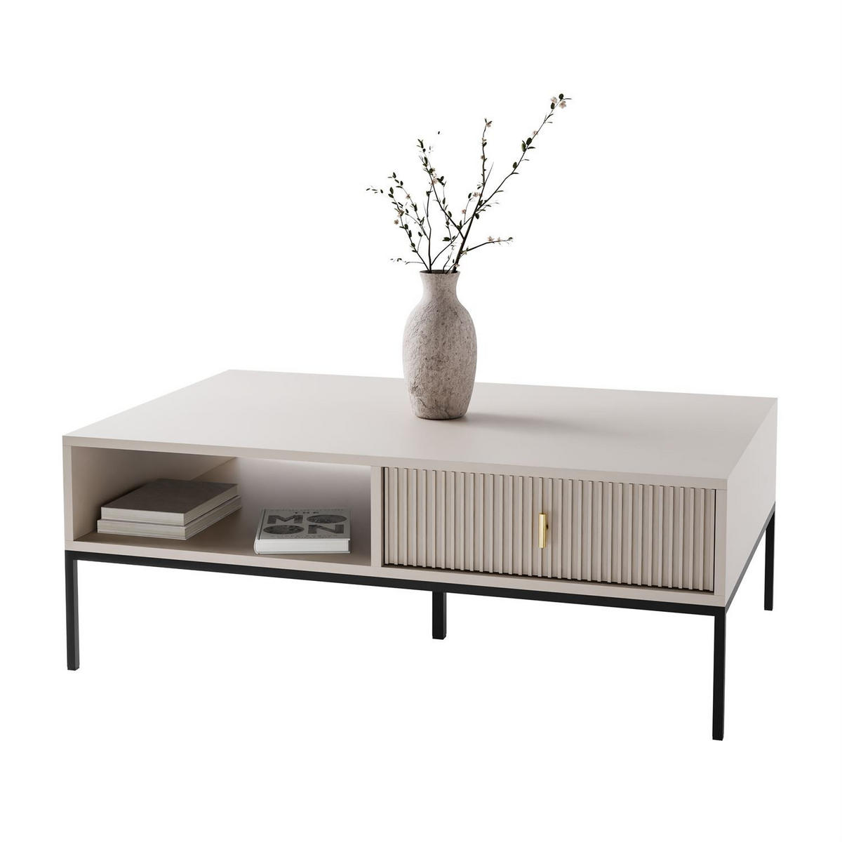 COUCHTISCH MIDNIGHT mit Schublade auf Gestell kaschmir - Kaschmir/Schwarz, Holzwerkstoff (68/104/39cm) - Lookway