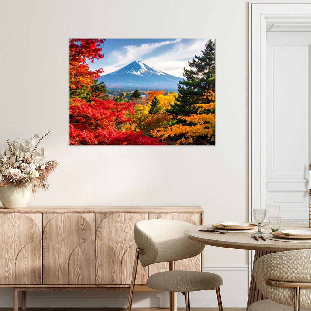 LEINWANDBILD Japanischer Berg Fuji Blätter Landschaft 100x70cm - Multicolor, Textil (100/70cm) - Feeby