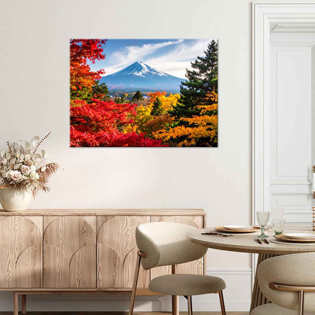 LEINWANDBILD Japanischer Berg Fuji Blätter Landschaft 100x70cm - Multicolor, Textil (100/70cm) - Feeby