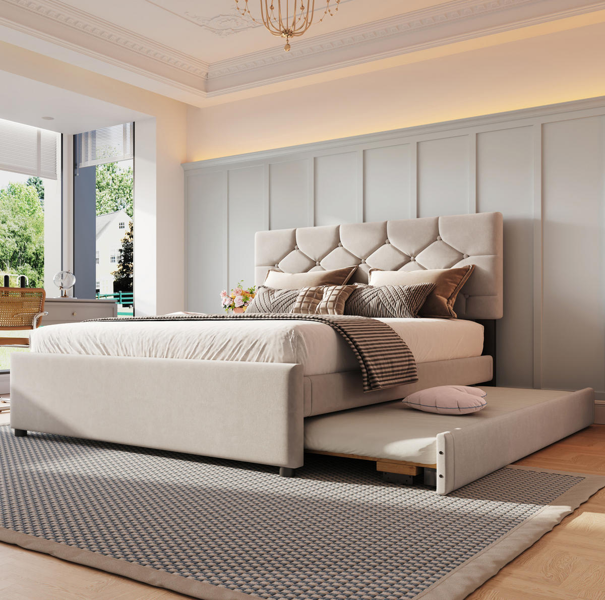 POLSTERBETT 140/200 cm mit Rollcontainer aus Samt Beige - Beige, Textil (140/200cm) - OKWISH