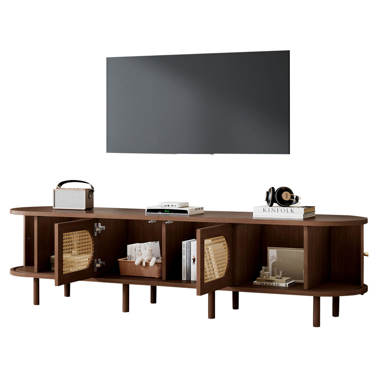 TV stolík 180/40/40 cm tmavý dub s ratanovým vzhľadom a posuvnými dvierkami z MDF - hnedá, kompozitné drevo (180/40/40cm) - OKWISH