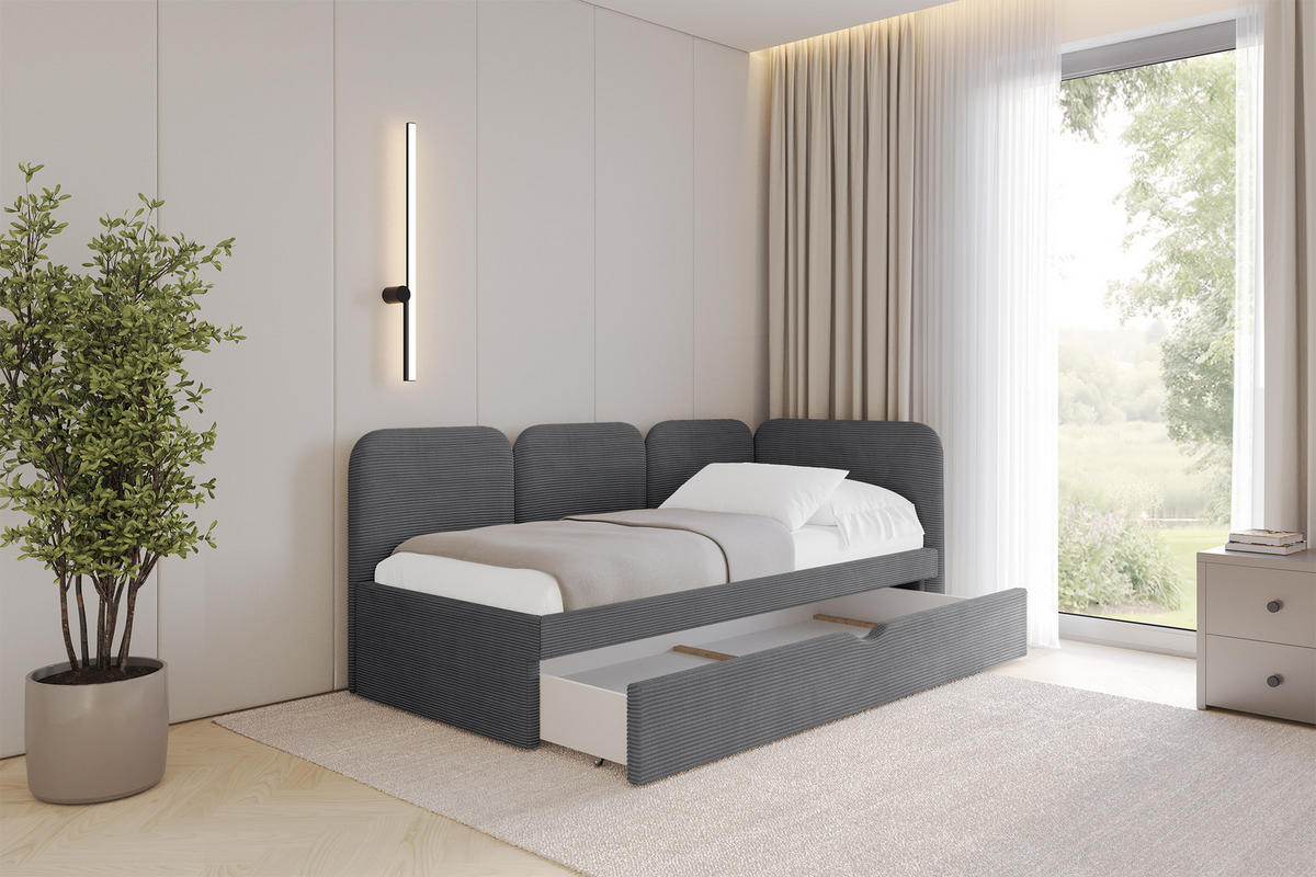EINZELLBETT Jugendbett mit Bettkasten, Links - ALVY 80x200 Dunkelgrau - Dunkelgrau, Holzwerkstoff/Textil (80/200cm) - ALTDECOR