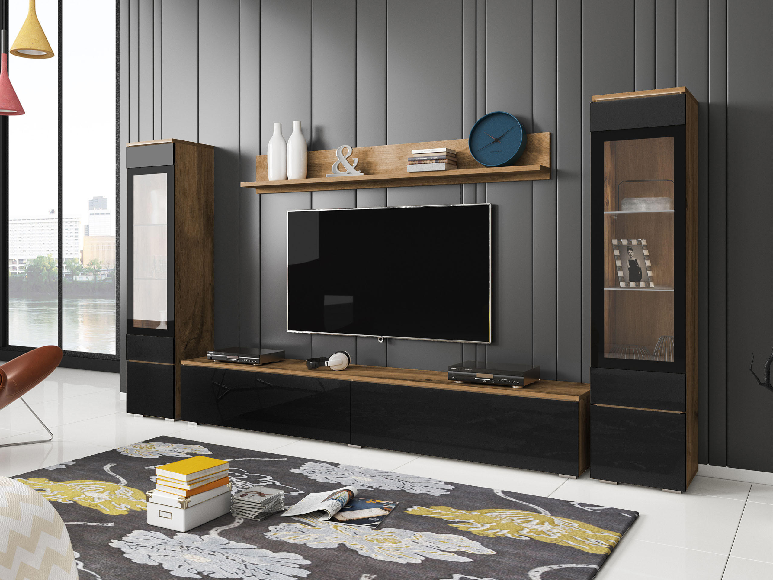 Thumbnail - Mirjan24 Wohnwand, Eiche Wotan, Schwarz Hochglanz, Holzwerkstoff, 30x130x33 cm, Wohnzimmer, Wohnwände, Wohnwand-Sets