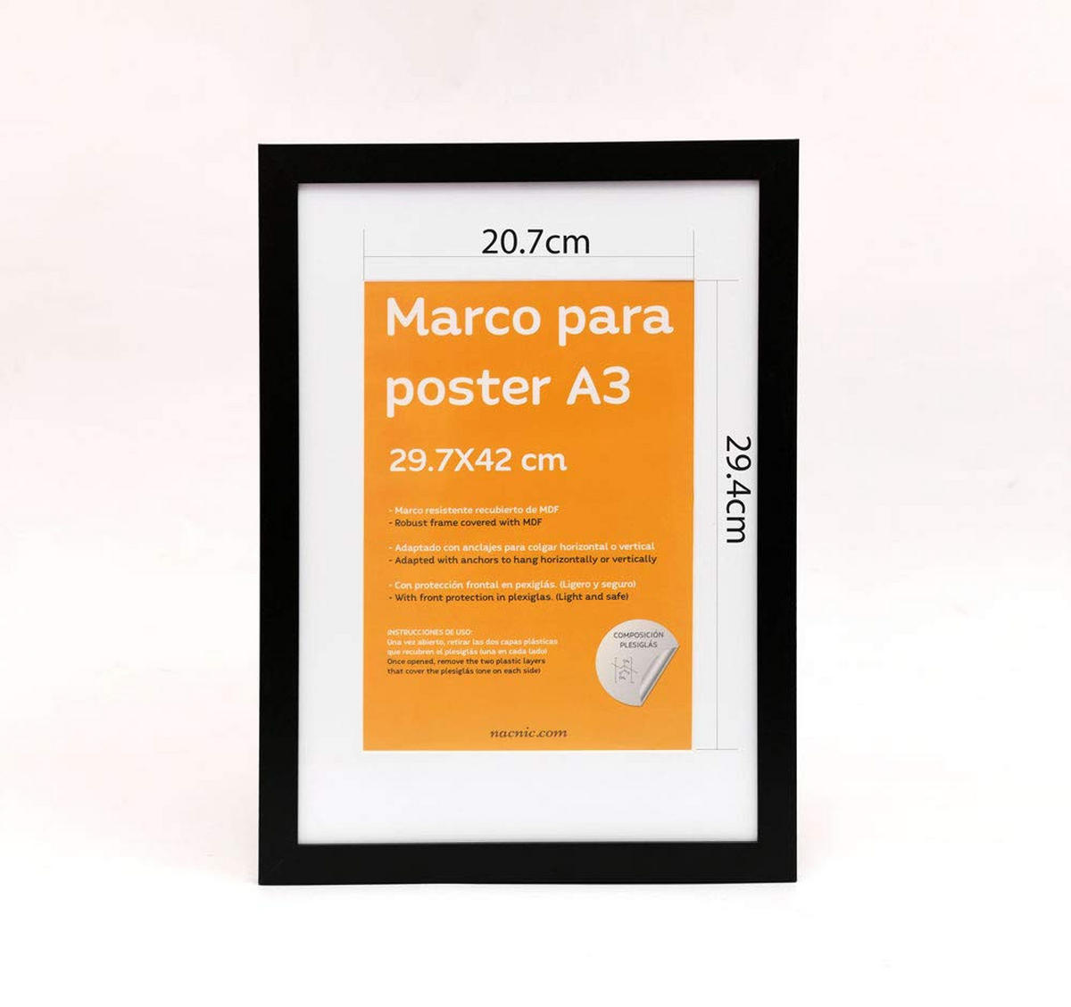 RAHMEN aus MDF und Acrylglas Schutz und Aussteller für Fotografien, Bilder, Poster, Gemälde, Dekoration für Haus Farbe Schwarz A3 - Schwarz, Holz (29.7/3/42cm) - Nacnic