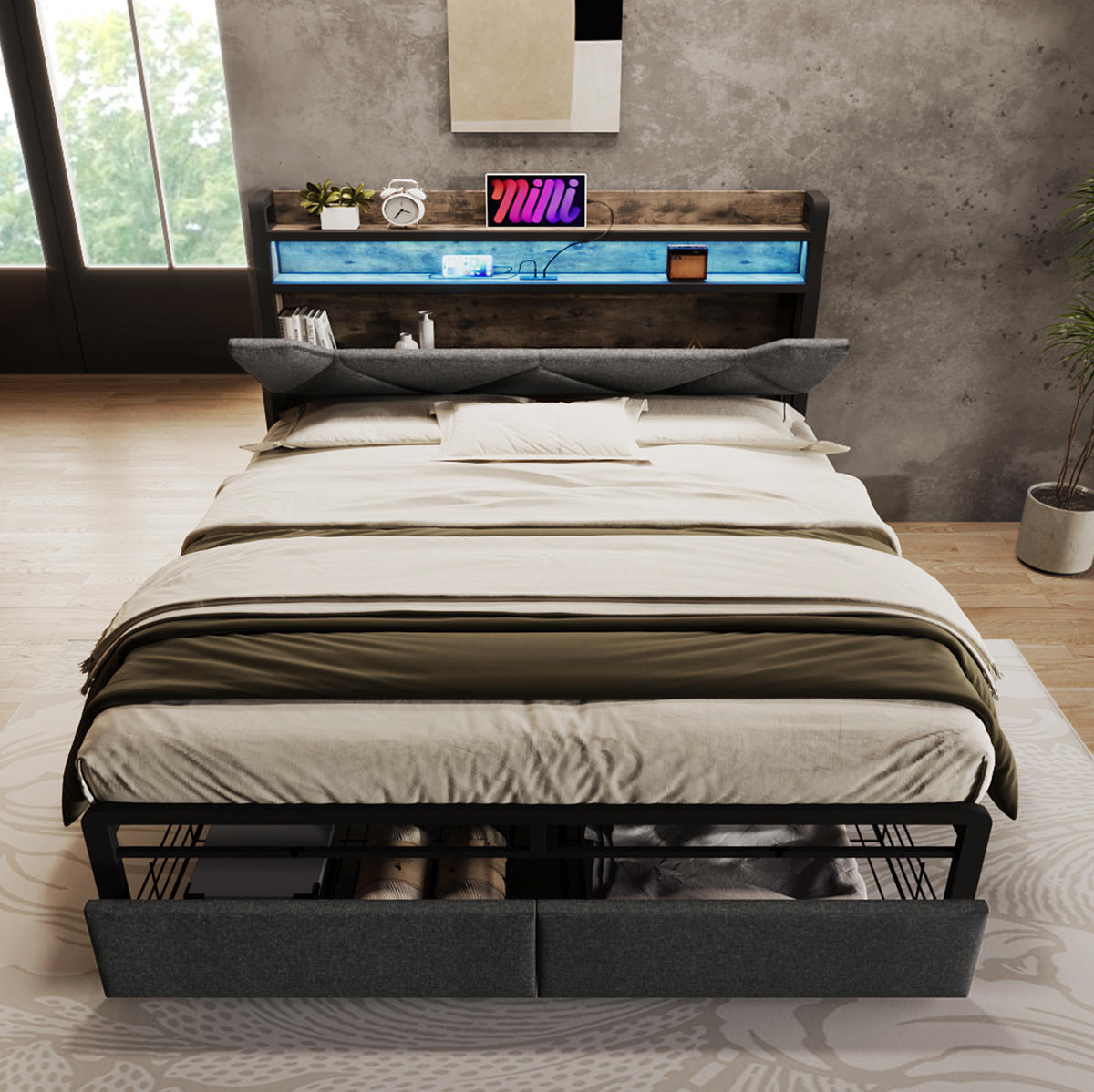 POSTEĽ s úložným priestorom 140/200 cm, sivá, ľan, s LED osvetlením a USB-C - sivá, textil (160/200cm) - BEAOK