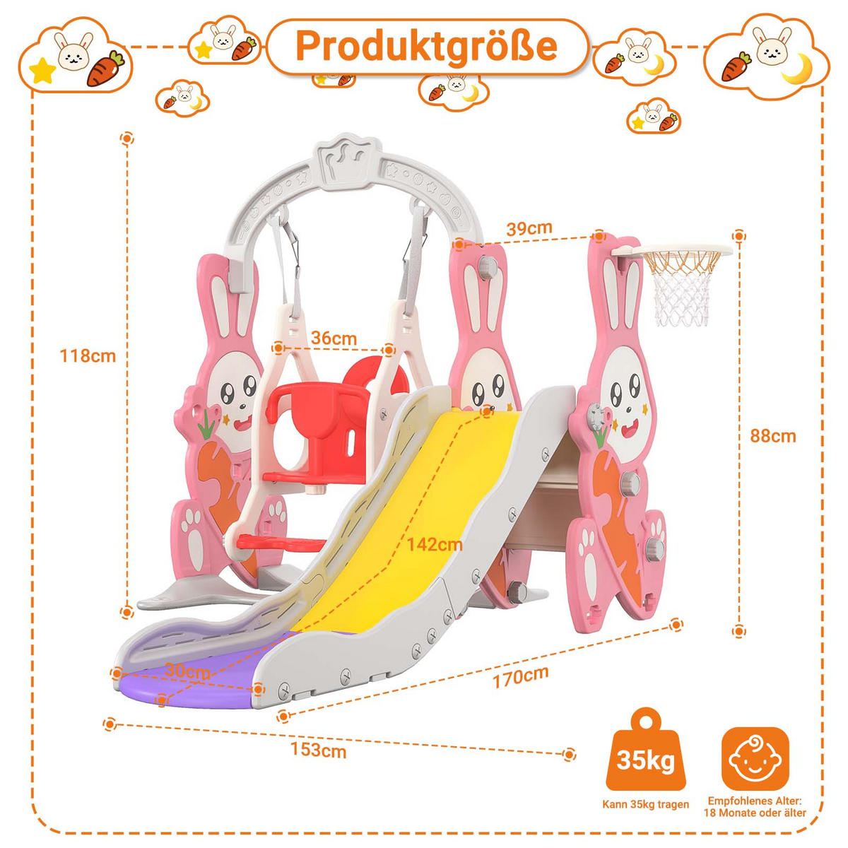 4-IN-1 RUTSCHBAHN Kinder Kaninchen Rosa Mit Schaukel & Basketball - Rosa, Holz (153/118/170cm)