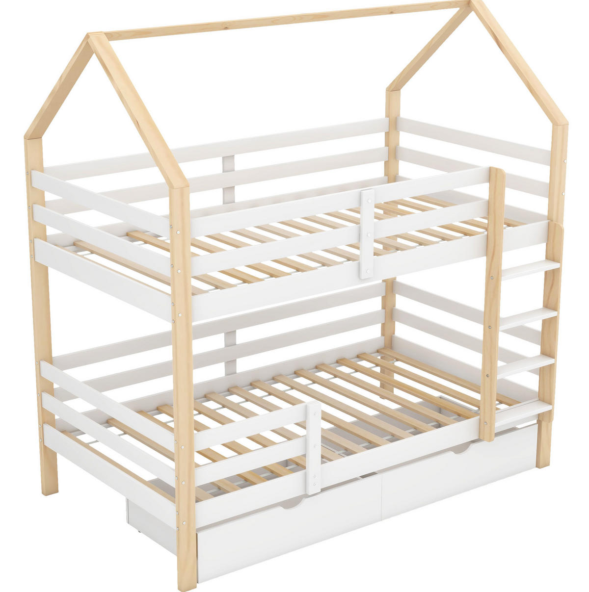 KINDERBETT in Hausform 90/200 cm mit Lattenrost, Rundum-Schutz und 2 Schubladen, Weiß/Eichefarben - Weiß, Holz (90/200cm) - Redom