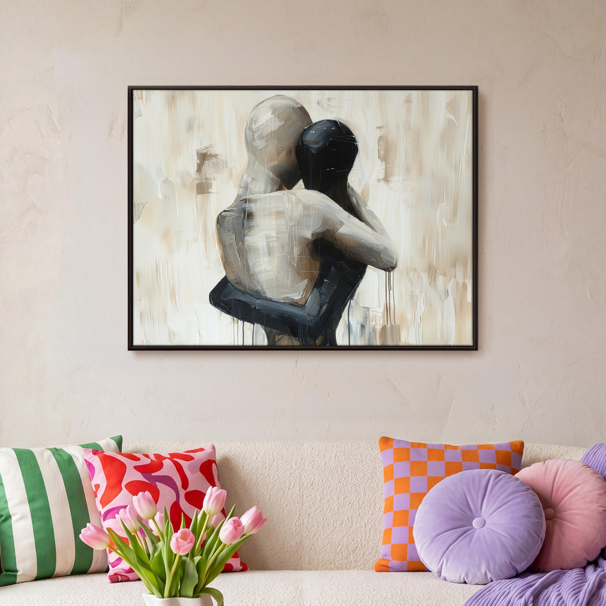 LEINWAND Bilder mit Rahmen - Abstrakt - Liebe - Schwarz und weiß - Modern - 70x50 - Schwarz, Textil (70/50cm) - MuchoWow