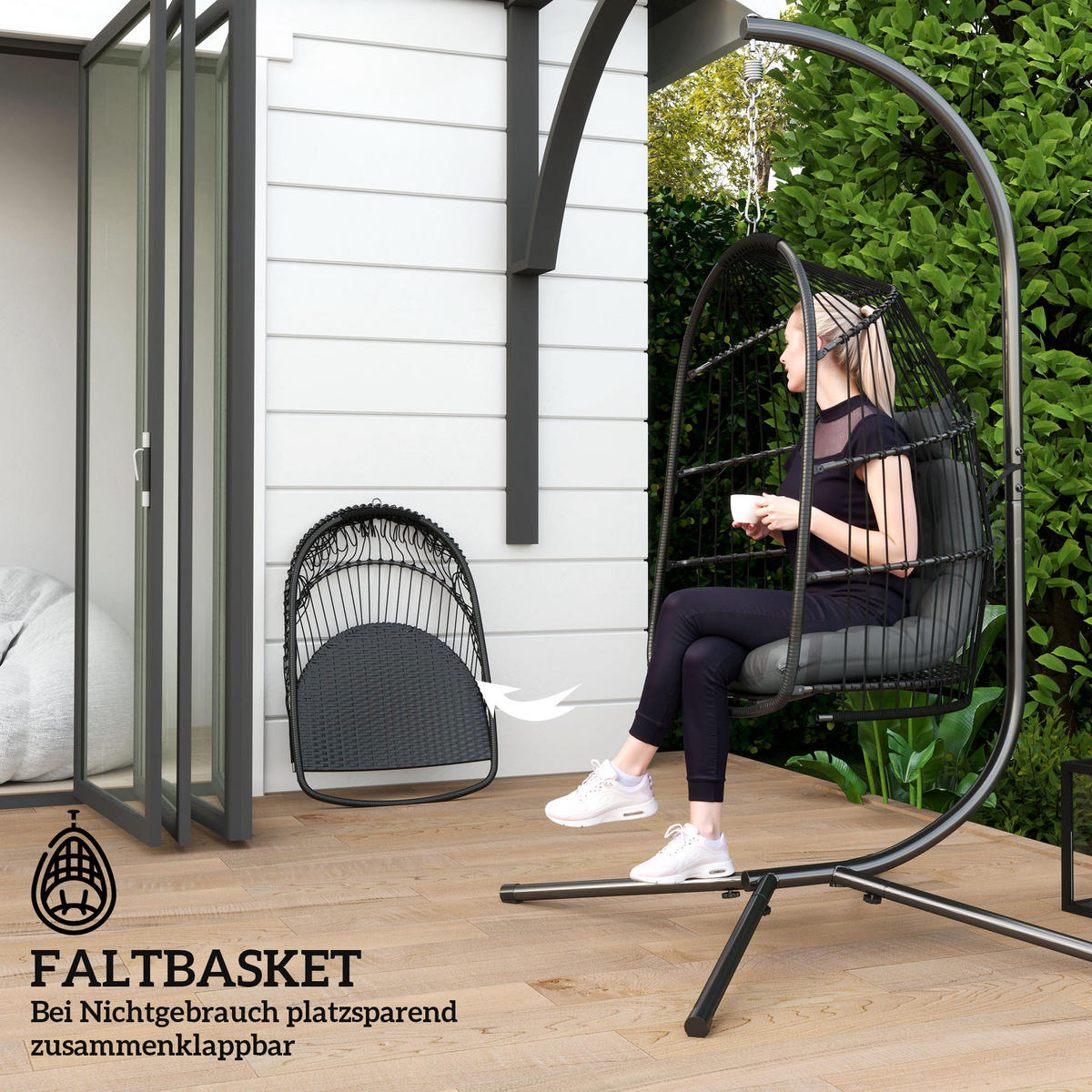 HÄNGESTUHL aus Rattanmit Kissen - Dunkelgrau, Metall (68/105/74cm) - Outsunny