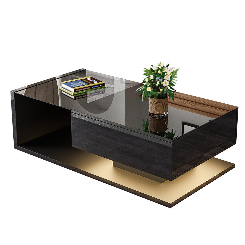 Modfu KONFERENČNÍ stolek z dřevotřísky 105x55x32,5 cm černý vysoký lesk s tvrzeným sklem, LED osvětlením a policí