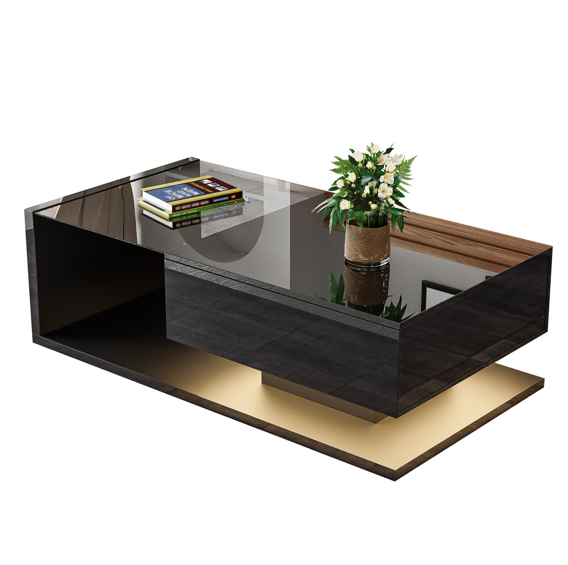COUCHTISCH aus Spanplatte 105x55x32,5 cm in Schwarz Hochglanz mit LED-Beleuchtung - Schwarz, Holzwerkstoff (105/55/32.5cm) - Modfu