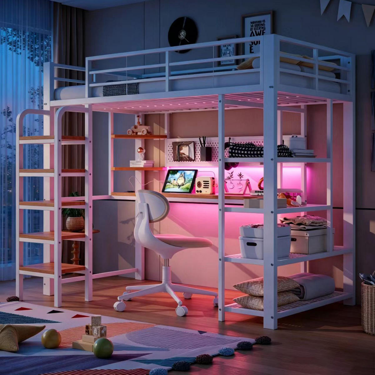 HOCHBETT 90/200 cm in Weiß mit LED, Steckdose, Schreibtisch und Ablagefächern aus Metall und Holz - Weiß, Holzwerkstoff/Metall (90/200cm) - CHICFURN