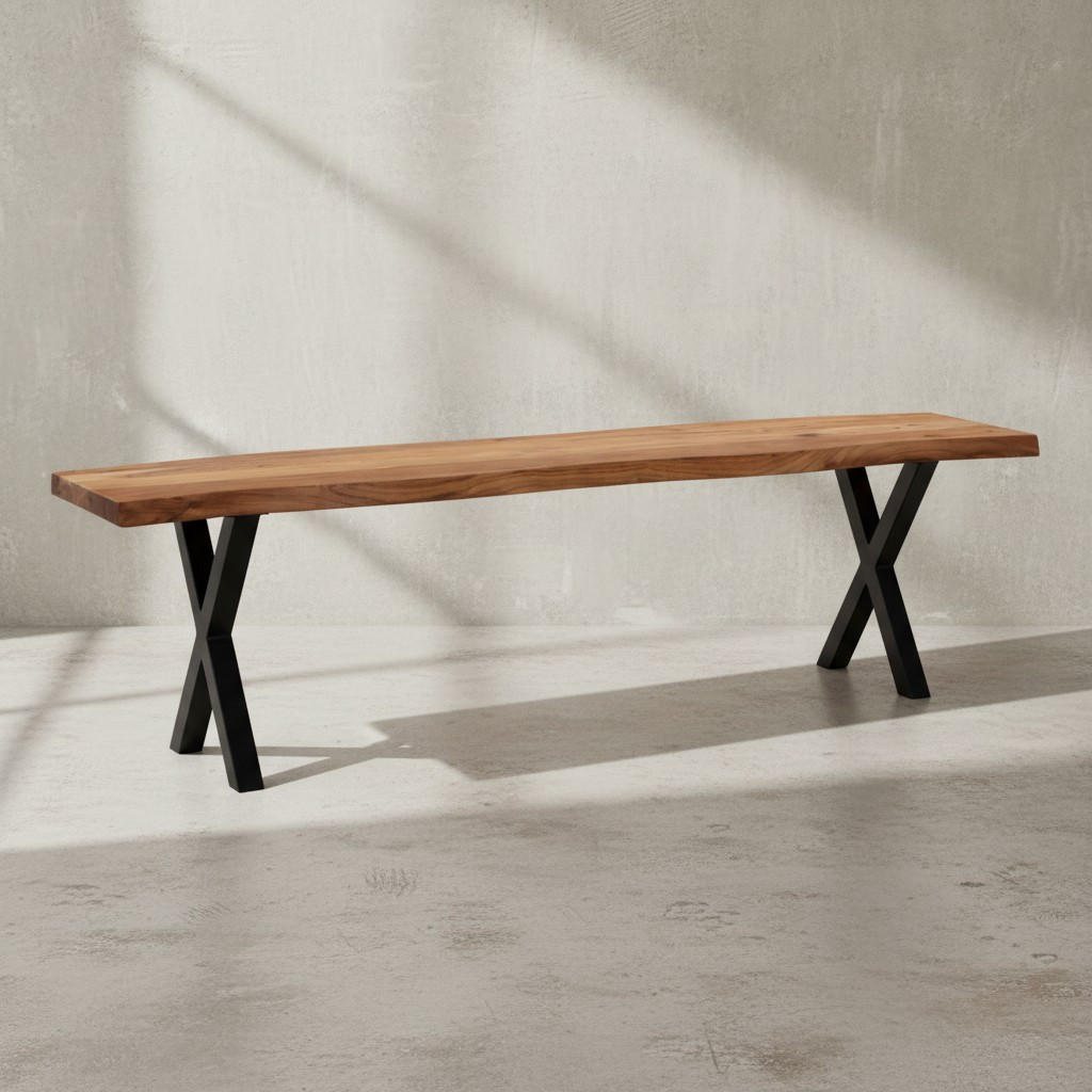 ESSZIMMERBANK Massivholz Metall Baumkante X-Beine, Akazie 140x40x46 cm - Schwarz/Braun, Holz/Metall (140/46/40cm) - KADIMA DESIGN