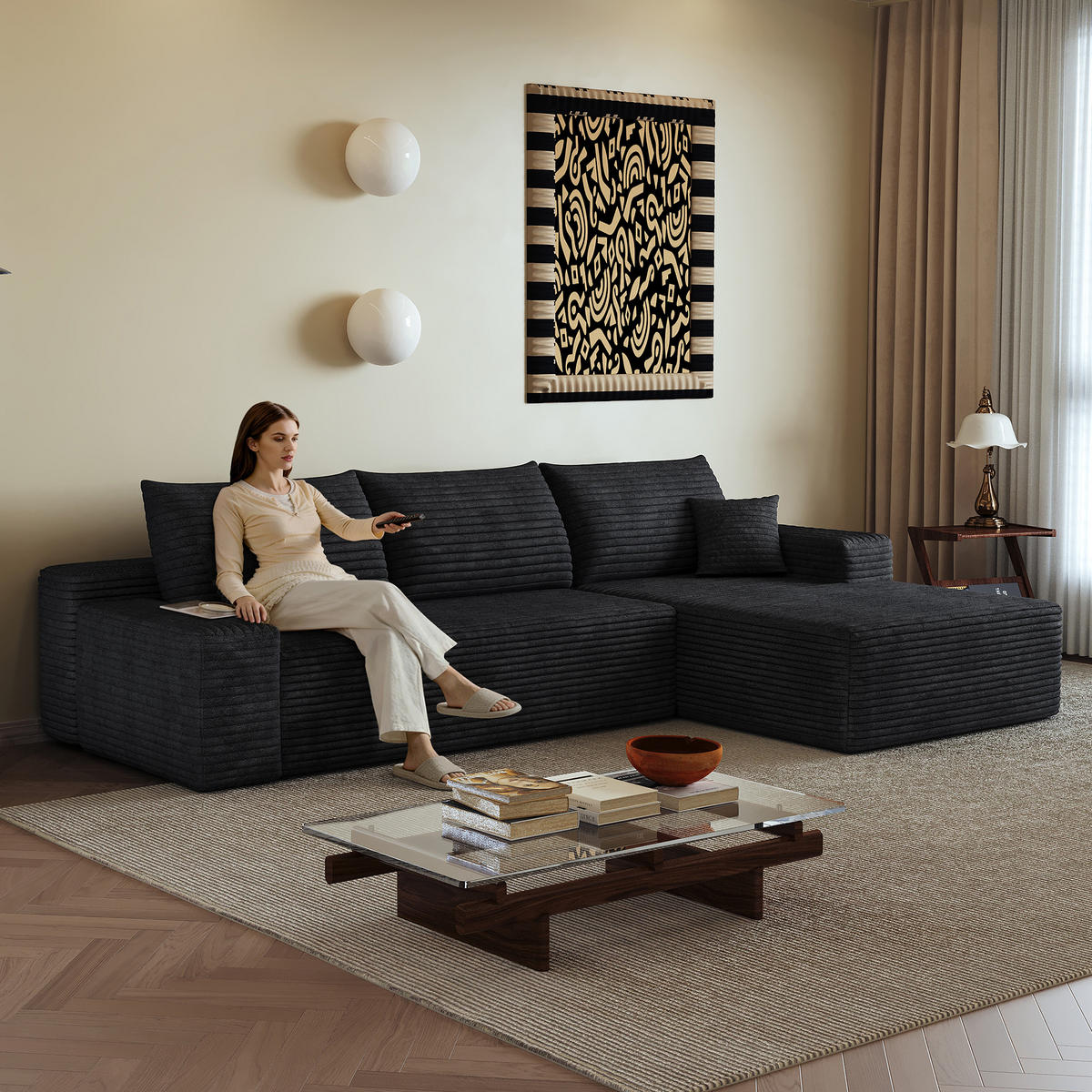 ECKSOFA 270/175/83 cm Schwarz Cord mit Chaiselongue, Rechte Seite - Schwarz, Textil (270/175cm) - Oxeza
