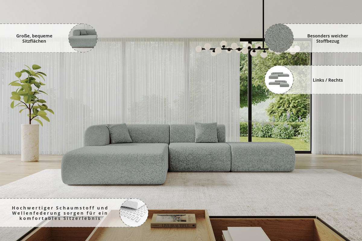 ECKSOFA Ottomane Links OVLY-L 289x176x71 Grün Chenille - Dunkelgrün/Schwarz, Holzwerkstoff/Kunststoff (176/289cm) - ALTDECOR