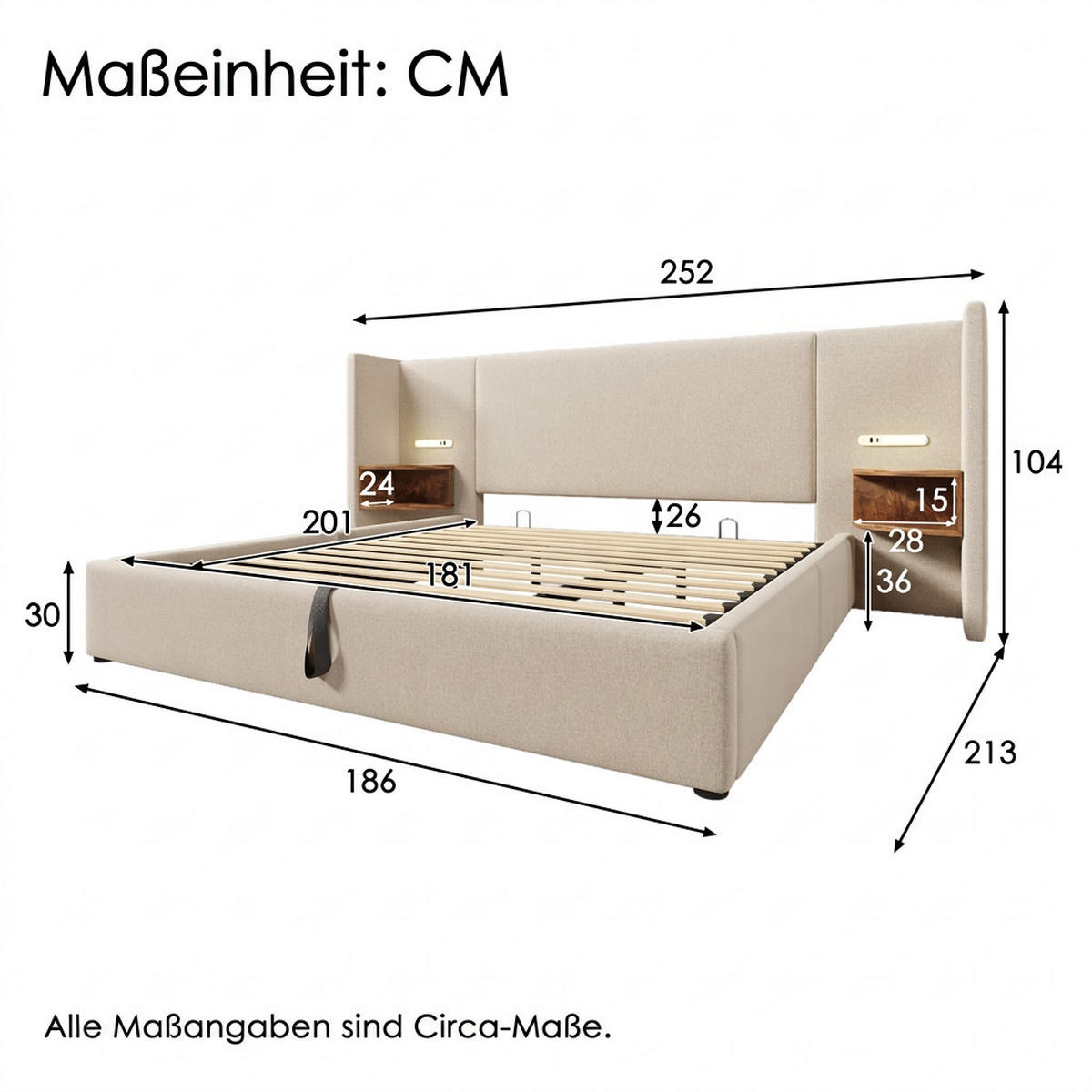 POLSTERBETT 160/200 cm Beige Leinen mit Nachttisch, Leselampe und USB Type-C Ladefunktion - Beige, Holz/Textil (160/200cm) - Oxeza