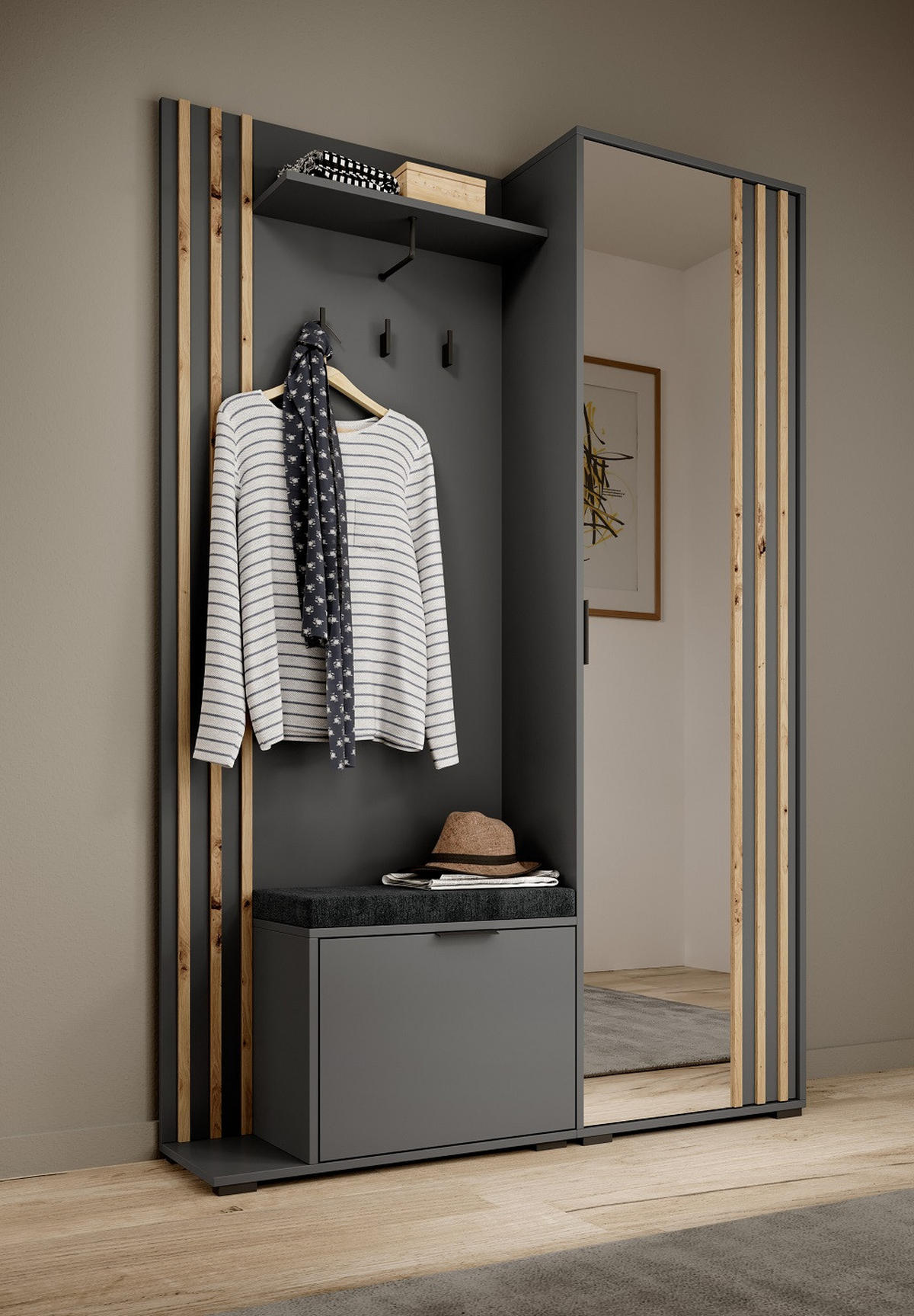 GARDEROBE Grafit MELA Laminiert Artisan Mit Spiegel - Graphitfarben/Eiche Artisan, Holzwerkstoff (131/192/40cm) - Sepro Meble