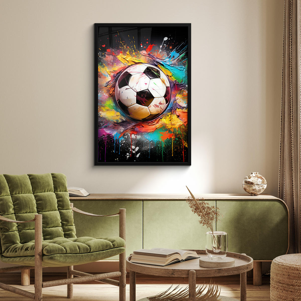 POSTER MIT RAHMEN Fußball - Farbe - Farben - Schwarz - Weiß 60x90 cm - Weiß, Papier (60/90cm) - MuchoWow