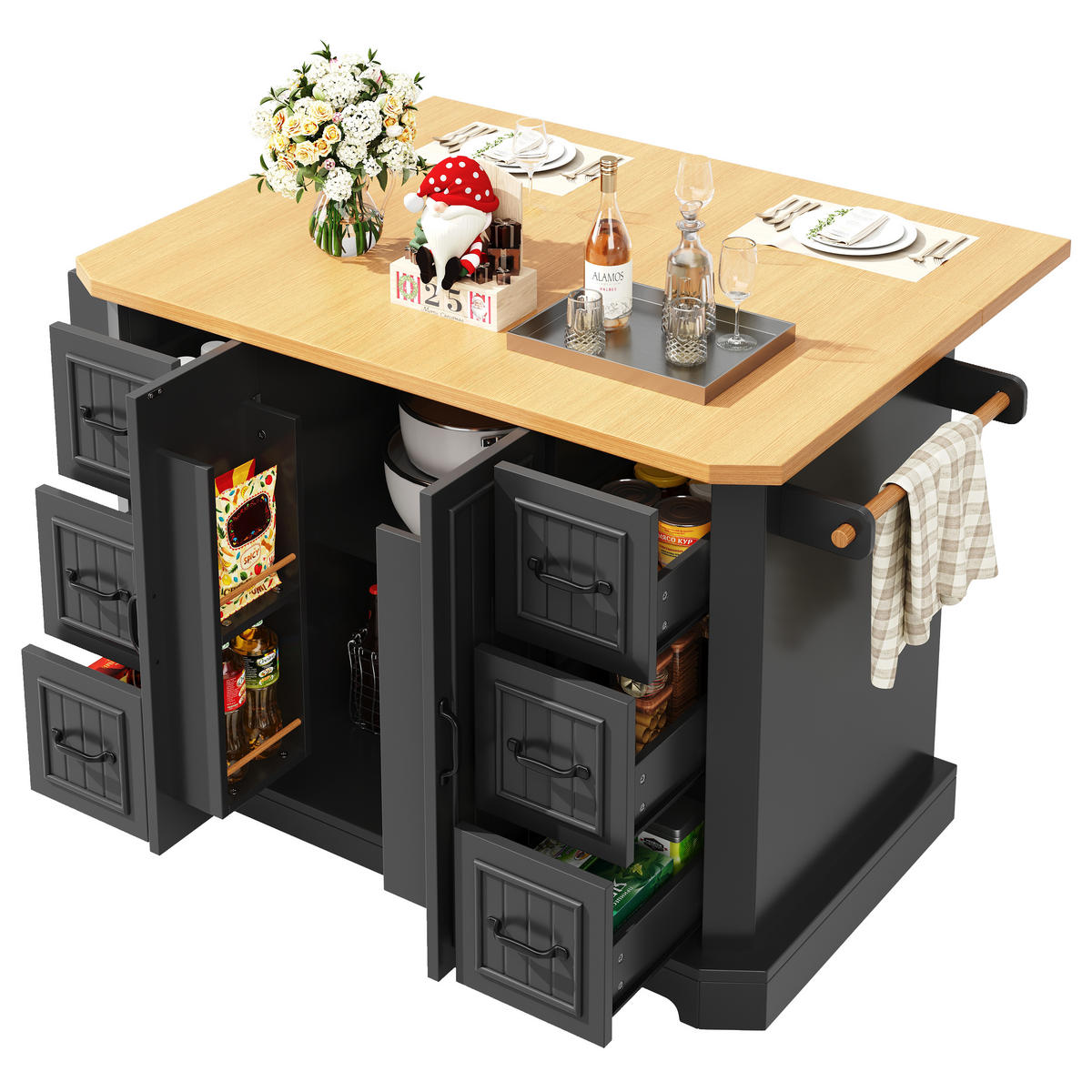 KÜCHENINSEL 120x75x91cm Schwarz mit 6 Schubladen & 2 Türen - Schwarz, Holzwerkstoff (120/91/75cm) - Modfu