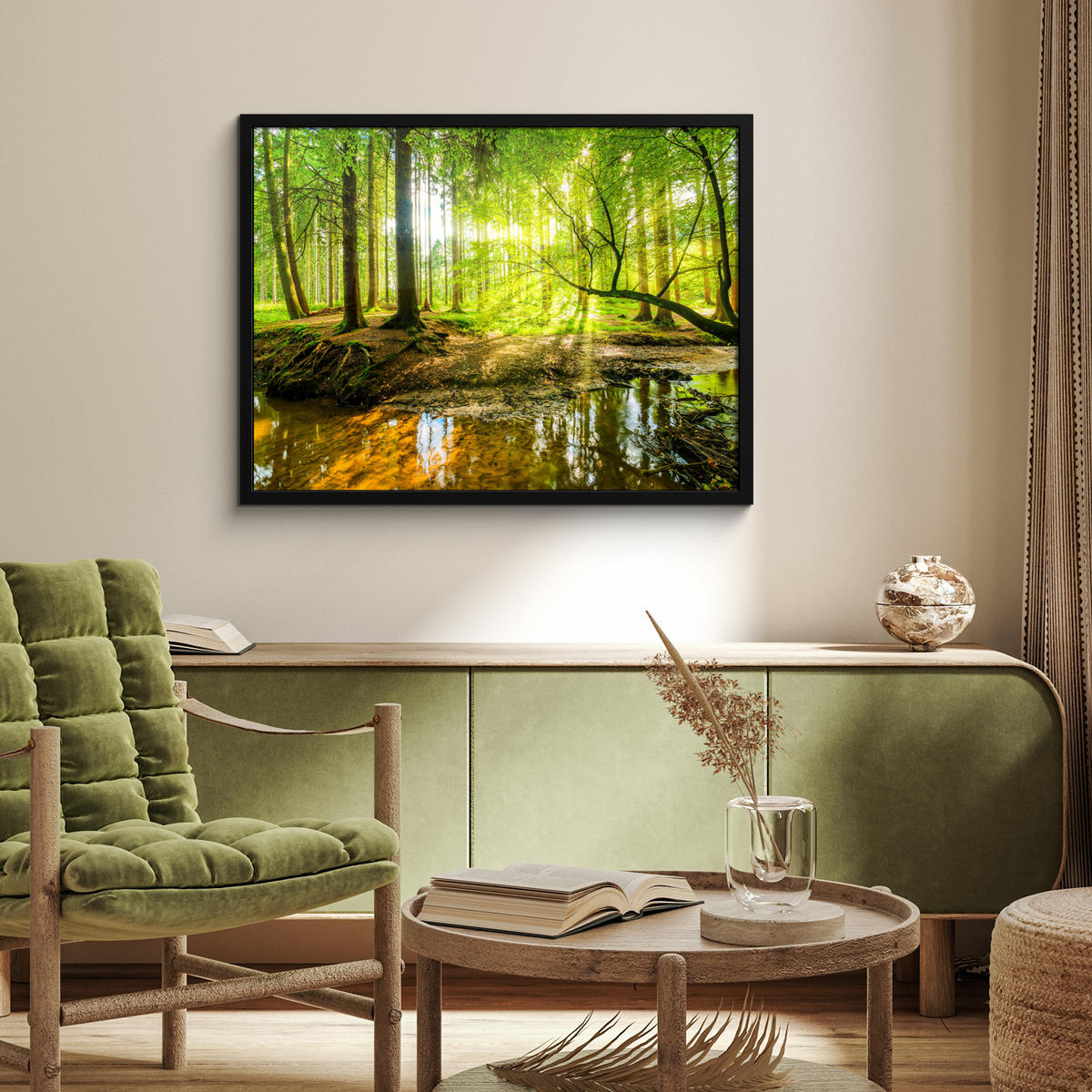 POSTER MIT RAHMENGERAHMTES BILD Wald - Landschaft - Wasser - Bäume - Sonne - Grün - Natur 80x60 cm - Grün, Papier (80/60cm) - MuchoWow