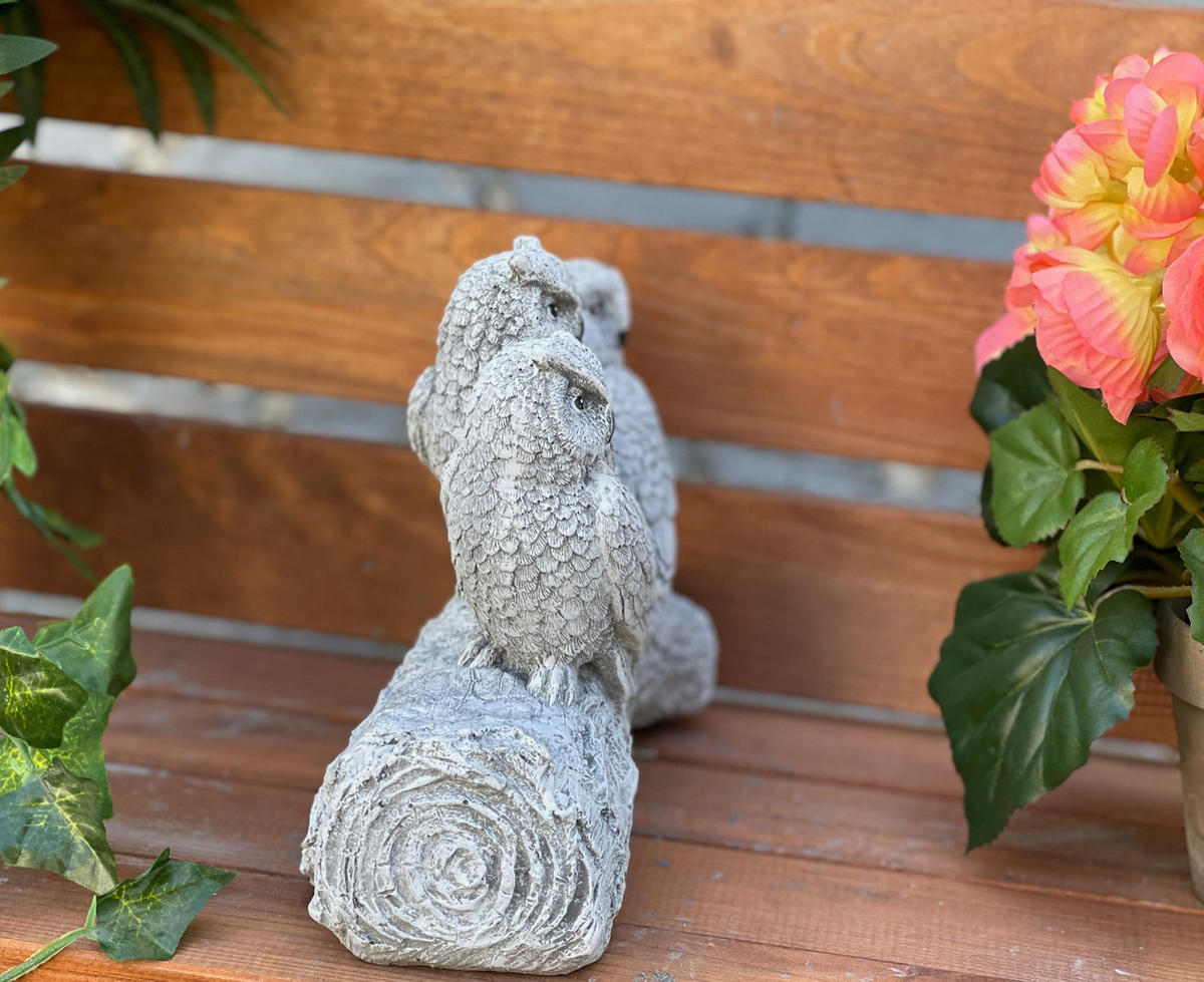 STEINFIGUR 3er Eulen auf Stamm frostfest Steinguss - Grau, Stein (22/16/8cm) - stoneandstyle