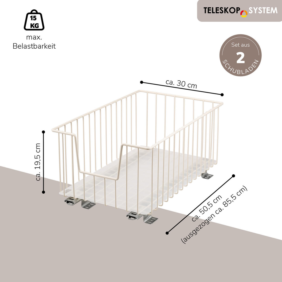 SCHRANK-KORBAUSZUG 30 cm, cremeweiß, Metall - Creme, Metall (30/23/50.5cm) - bremermann