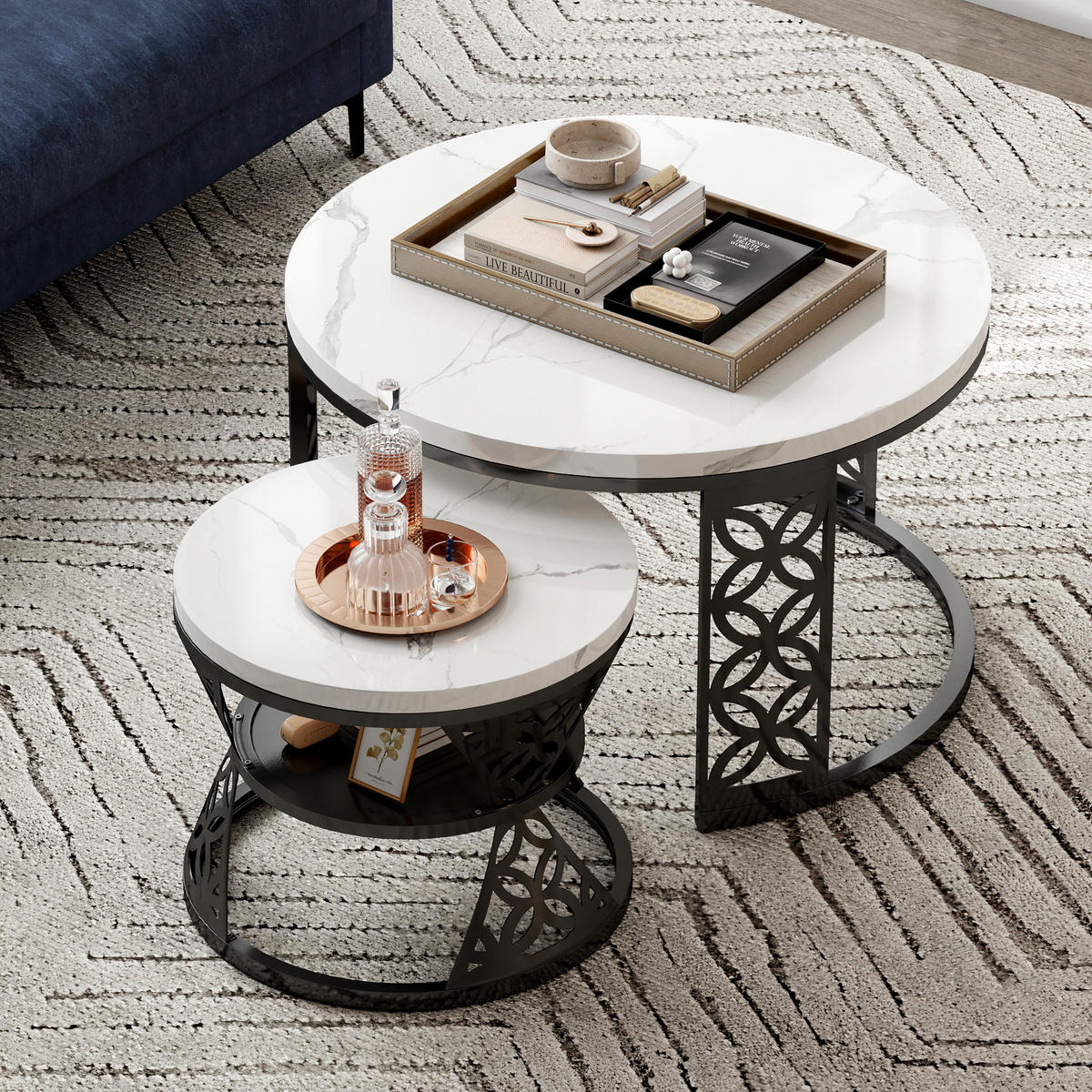 COUCHTISCH Moderner Satztisch 70/70/45 cm + 45/45/37 cm mit Marmor Furnier - Weiß, Holzwerkstoff (70/70/45cm) - OKWISH