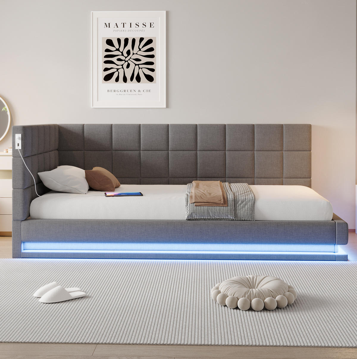 POLSTERBETT 90/200 cm mit LED-Beleuchtung, USB-Anschluss und Lattenrost aus Leinen, Grau - Grau, Textil (90/200cm) - Redom