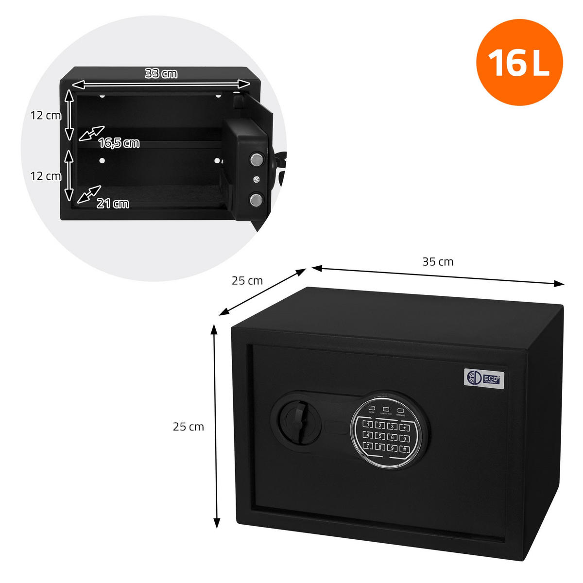 TRESOR 16L - Schwarz, Metall (25/25/35cm) - ECD-Germany