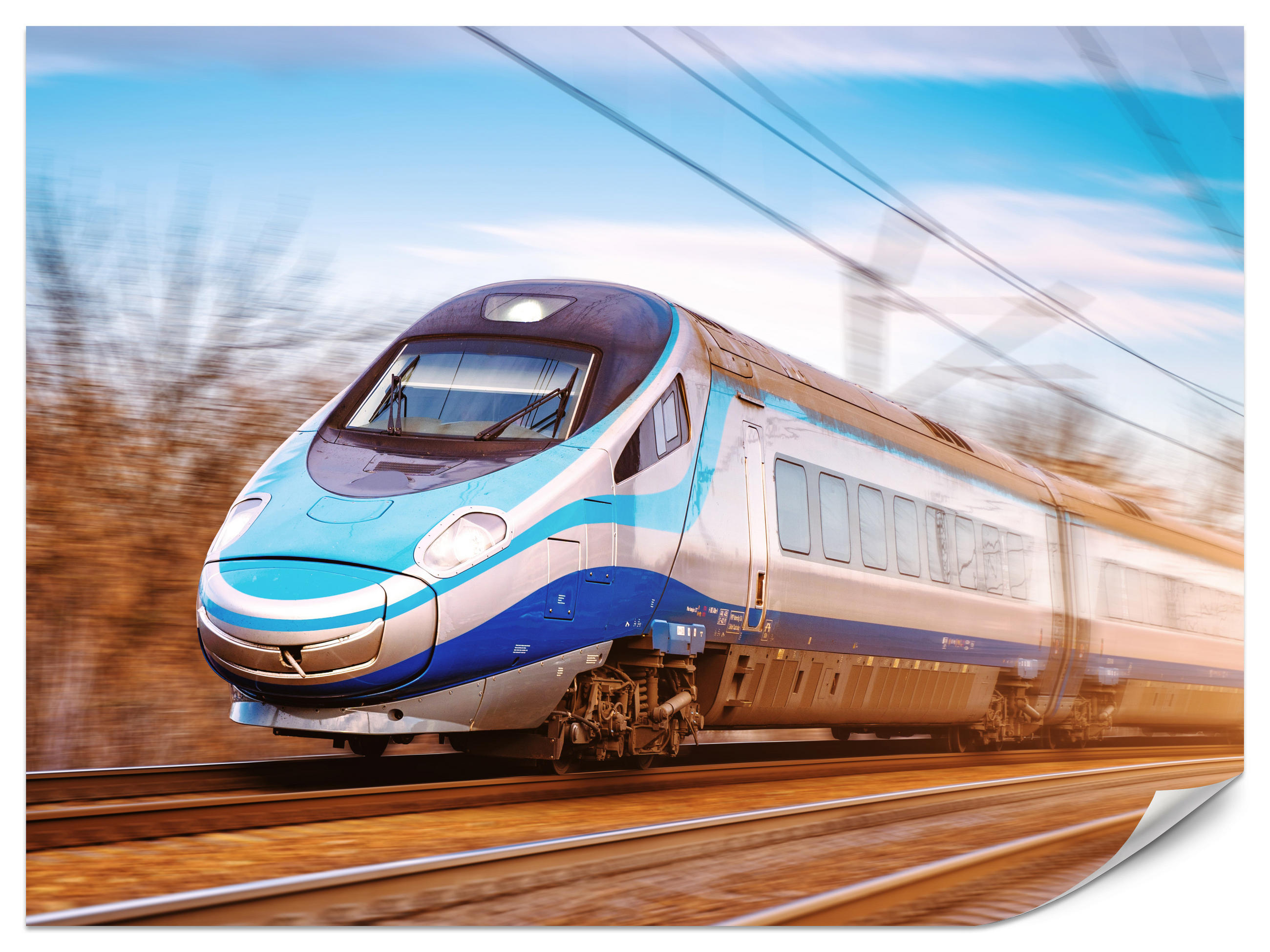 FOTOTAPETE für Wohnzimmer Moderner Zug Eisenbahnschienen 200x140 - Blau/Schwarz, Papier (200/140cm) - Muralo