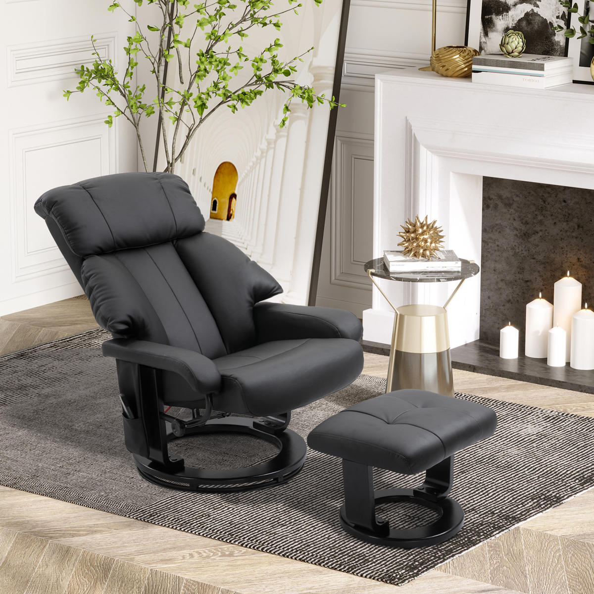 RELAXSESSEL mit Liegefunktion Massagesessel inkl. Hocker Fernsehsessel drehbar - Schwarz, Leder/Kunststoff (80/102/76cm) - HOMCOM