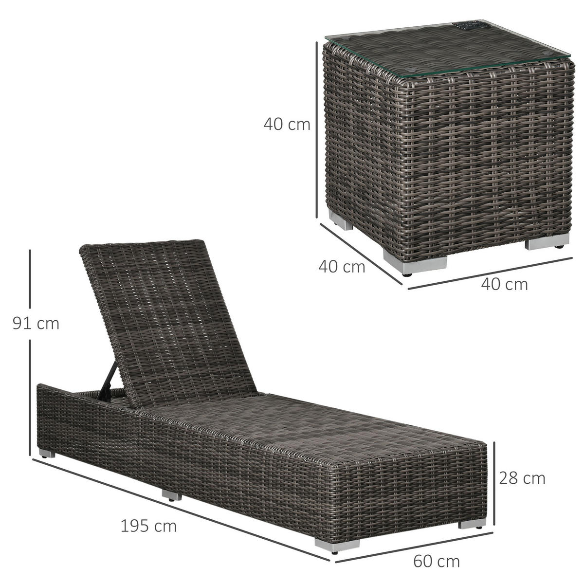 POLY-RATTAN Sonnenliege 3-tlg. Gartenliege Aluminium Grau - Grau, Kunststoff (60/91/195cm) - Outsunny