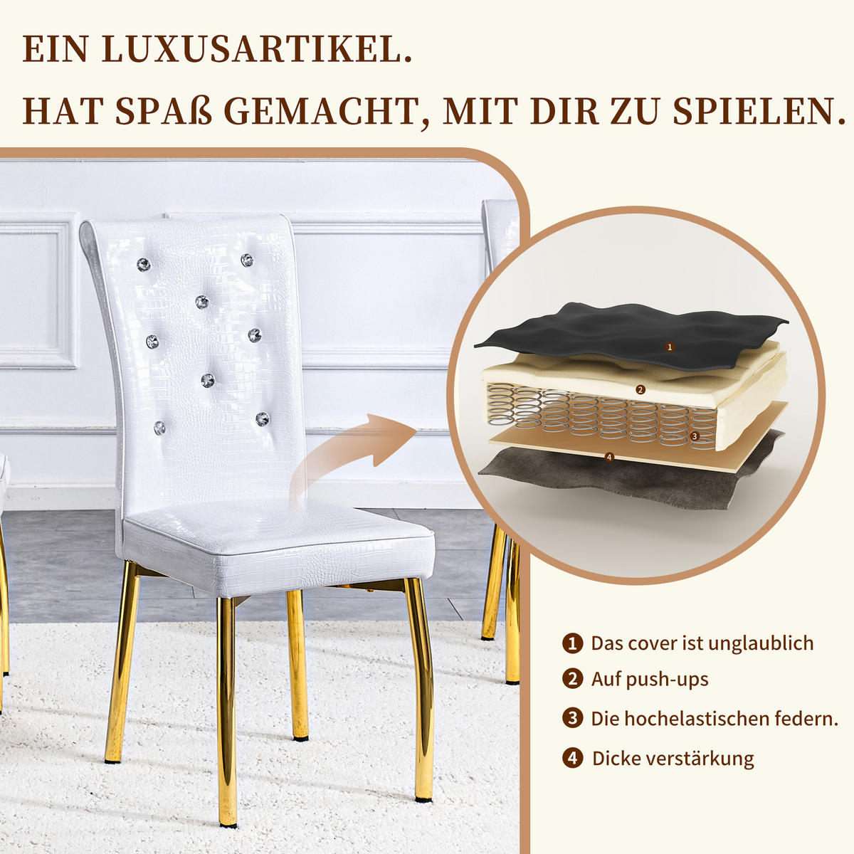 STUHL-SET DE-36774 2 Stück mit Krokodil-Prägung und vergoldeten Metallbeinen Schwarz - Weiß, Metall (42/101/61.5cm) - ComfortXL