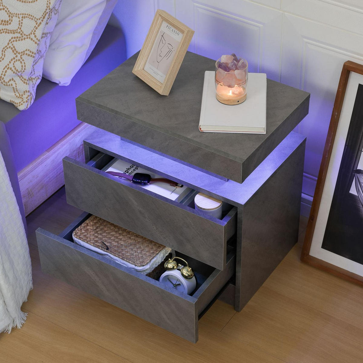 NACHTTISCH 50/53/36 cm Dunkelgrau aus Holzwerkstoff mit LED-Beleuchtung - Grau, Holzwerkstoff (50/36/53cm) - OKMYHOME