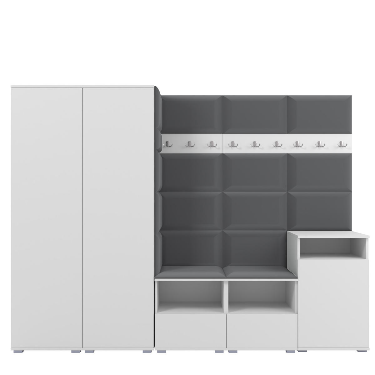 GARDEROBE NELA VIII 250 cm (Modulare Flurmöbel Weiß mit Sitzpolster Dunkelgrau 15 2 Schränke + Sideboard) - Dunkelgrau/Silberfarben, Holz/Holzwerkstoff (250/187/40cm) - Ravio