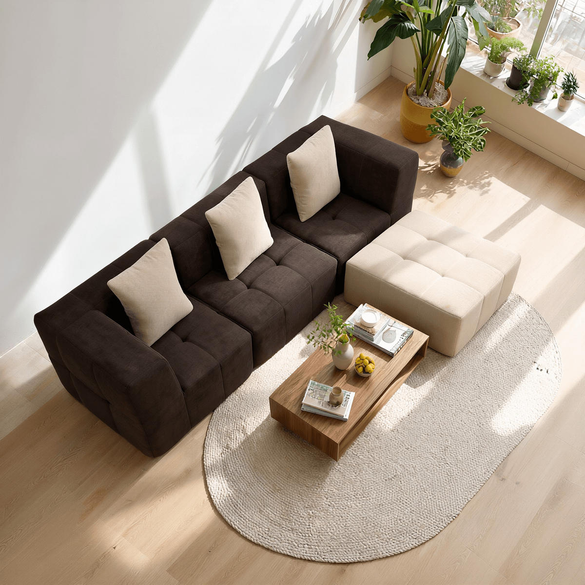 ECKSOFA Eden Komplett Braun Sand 3-Sitzer - Braun, Textil (272/71/92cm) - COCO Living