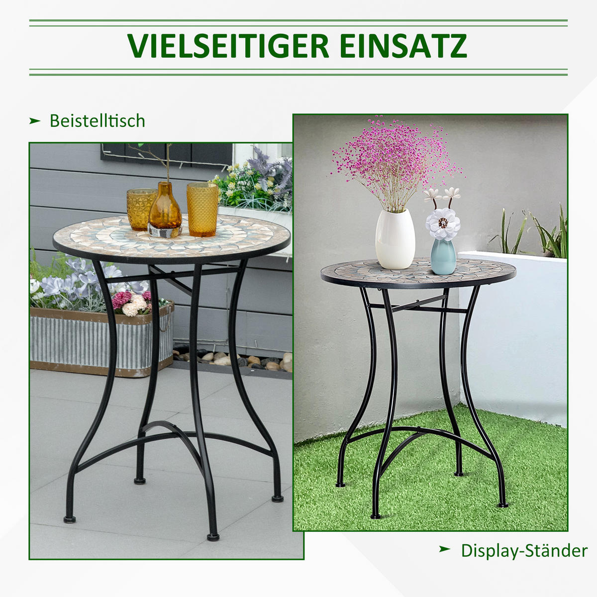 GARTENTISCH, Grün+Beige+Weiß, Keramik - Beige/Schwarz, Keramik/Metall (60/60/71cm) - Outsunny
