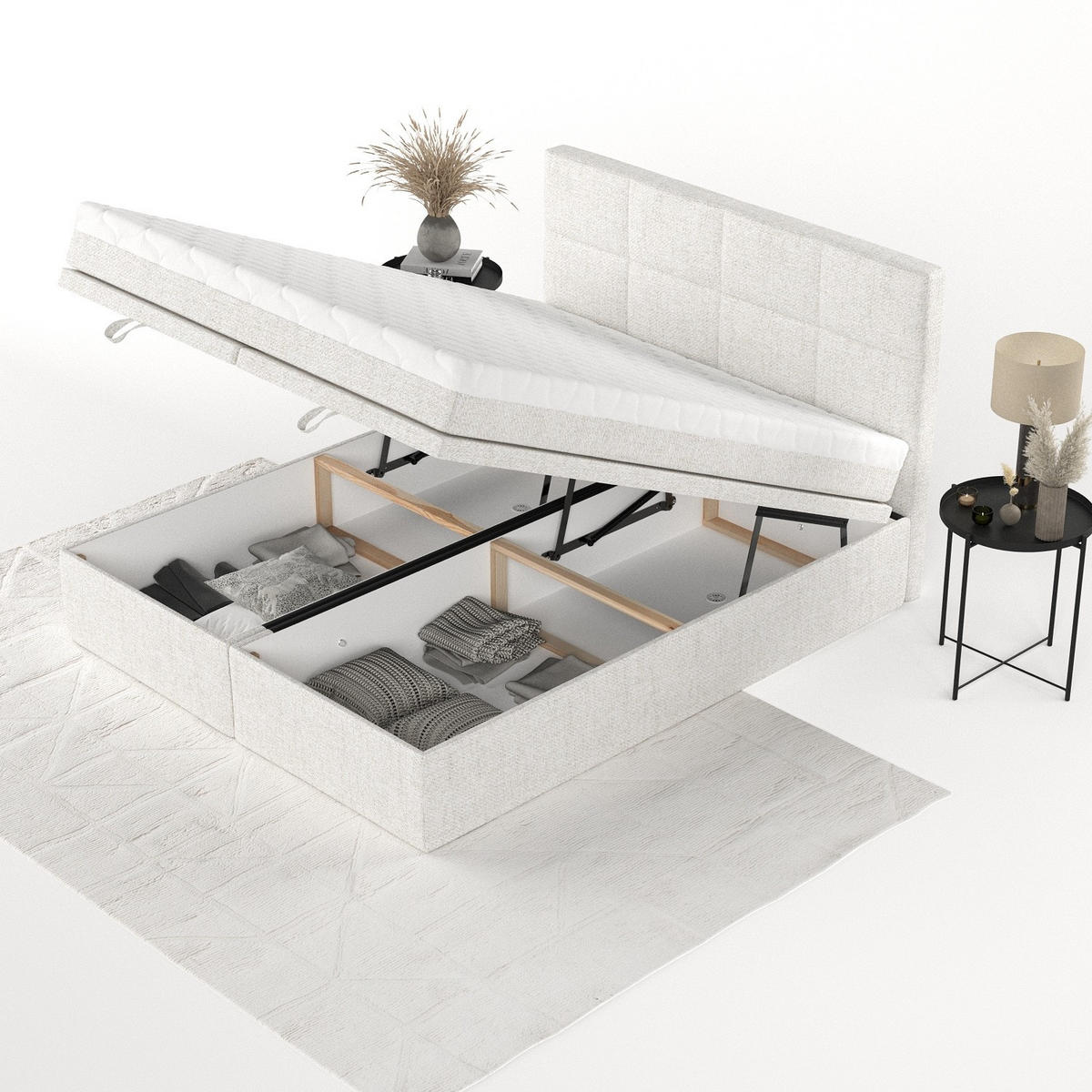 BOXBETT Tessa 140/200 cm Creme im Neve Stoff - Creme/Schwarz, Holz/Holzwerkstoff (140/200cm) - AltaBeds