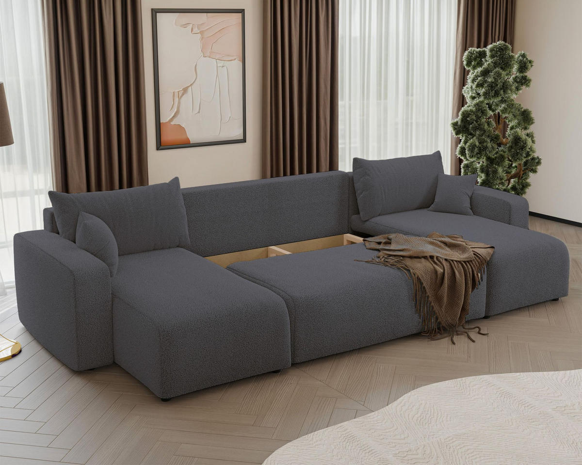 WOHNLANDSCHAFT Pianoni Dunkelgrau Bouclé-Bezug - Dunkelgrau/Schwarz, Kunststoff/Textil (312/83/140cm) - Selsey