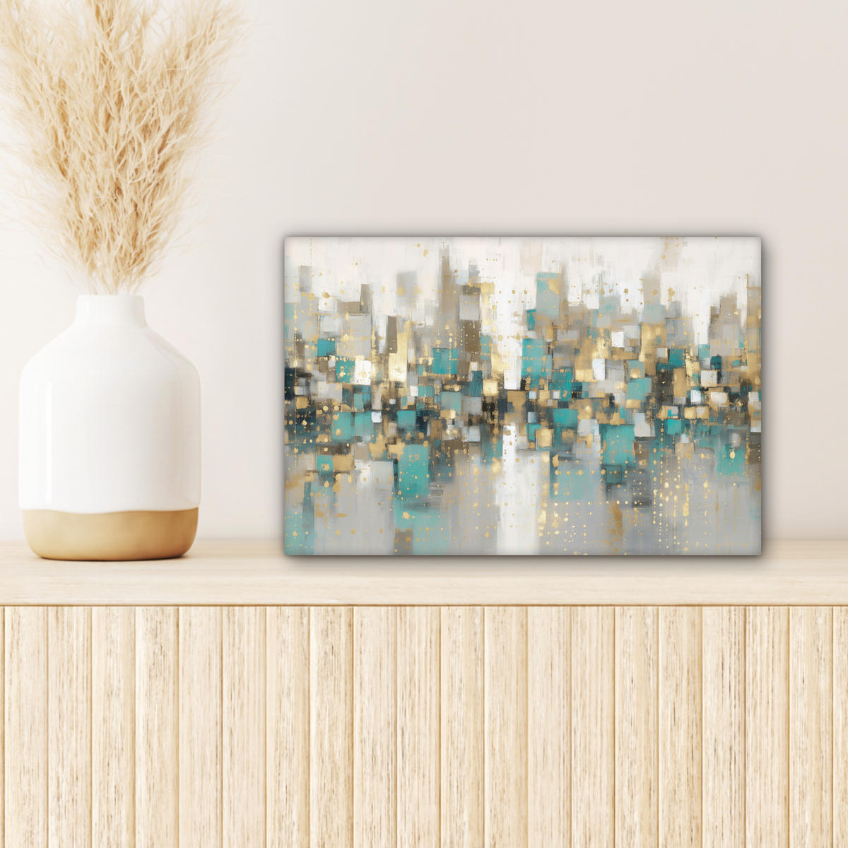LEINWANDBILD Abstrakt - Blöcke - Gold - Skyline Deko Schlafzimmer 30x20 cm - Beige, Textil (30/20cm) - MuchoWow