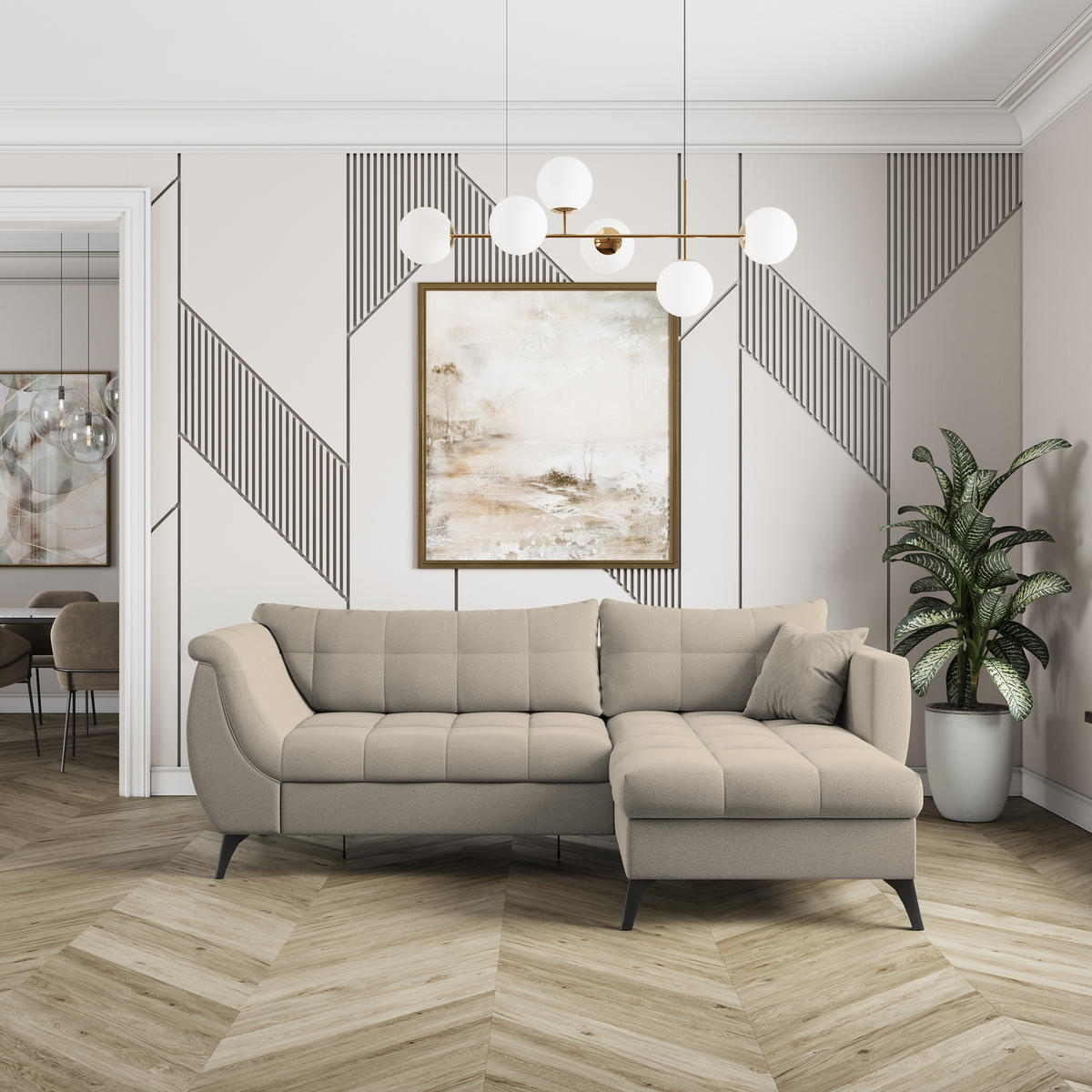 ECKSOFA MOLLIS Beige Geflochtener-Stoff mit Schlaffunktion - Beige, Holz (241/154cm) - MASSENO